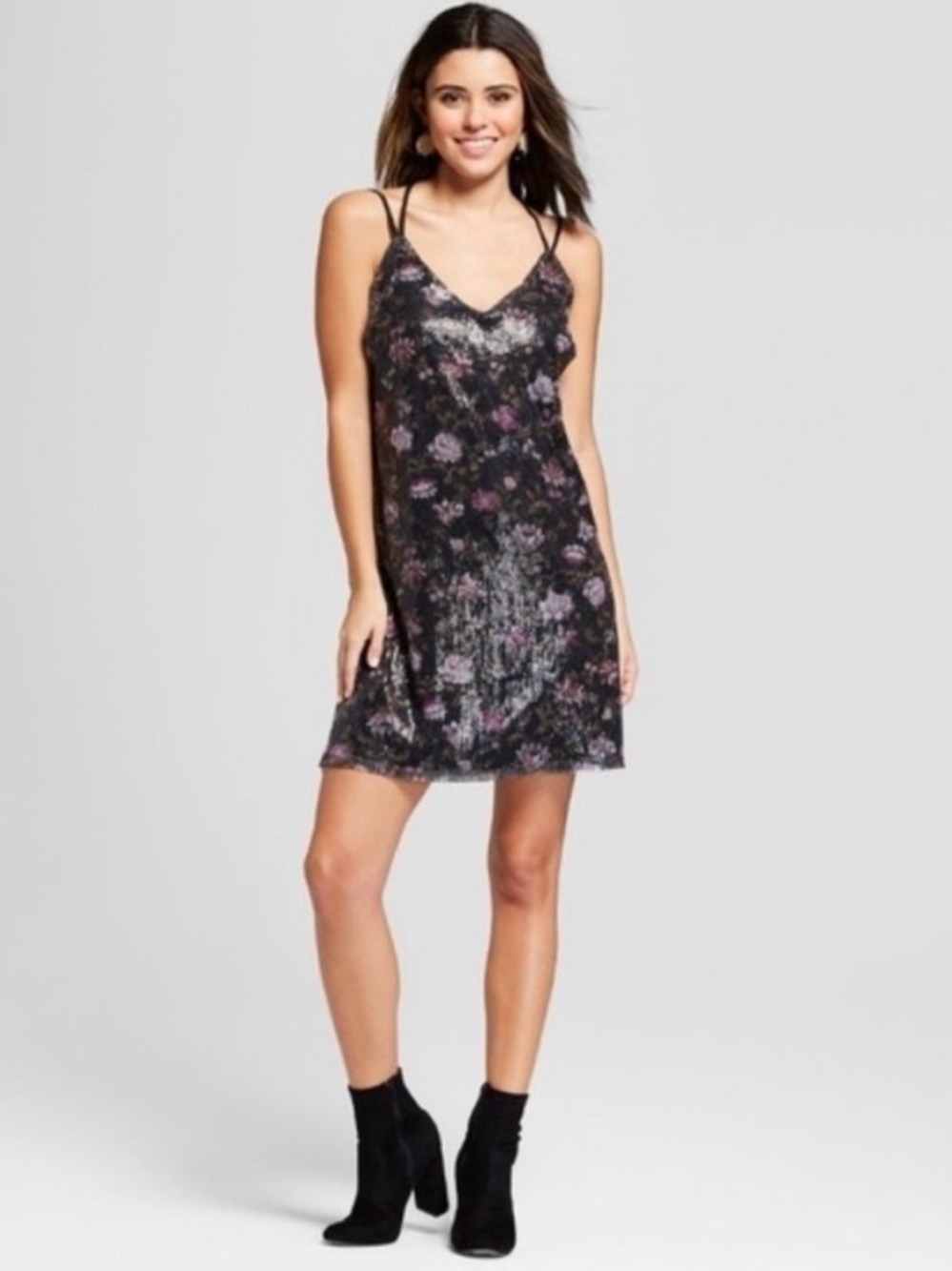 Xhilaration Floral Sequin Mesh Dress Strappy Y-Back Mini Dress Size M Boutique